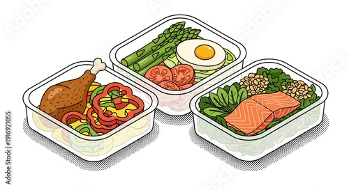 Healthy meal prep: balanced diet with vegetables, protein, and grains in isometric containers