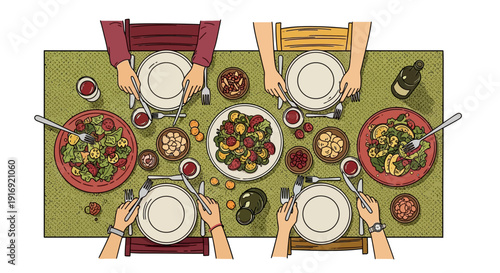 Top view of shared meal with hands and mixed salad bowls at a dining table