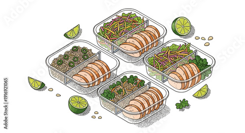Delicious meal prep containers with quinoa and chicken in isometric style