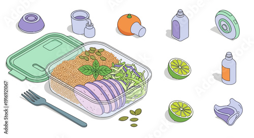 Healthy meal prep container with quinoa and vegetables in isometric style