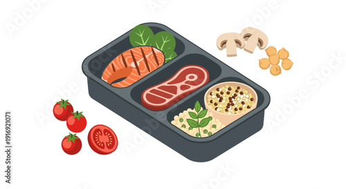 Healthy meal prep box with salmon, steak, quinoa, and vegetables in an isometric style