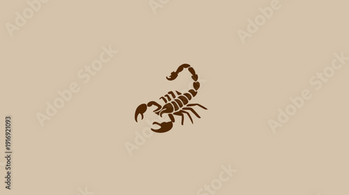 A dark scorpion silhouette with curled tail, body, and pincers, centered on a light beige background