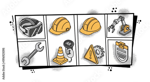 Comic style construction icons with safety gear and tools