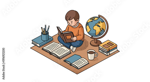 Young boy reading books with globe: cozy educational activity in isometric style