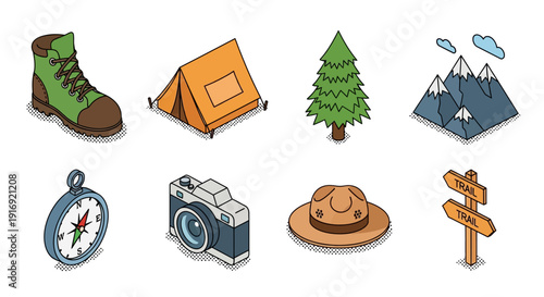 Isometric outdoor adventure icons: hiking, camping, and nature exploration essentials