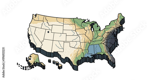 Isometric map of the united states with geographic terrain features