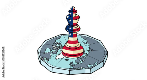 American chess piece on world map reflecting global strategy and power dynamics