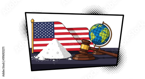 Global justice concept with gavel and globe in comic style