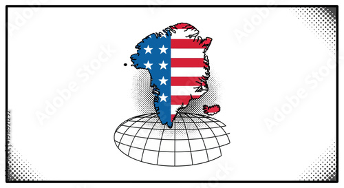 Greenland map with american flag pattern on globe background in retro comic style