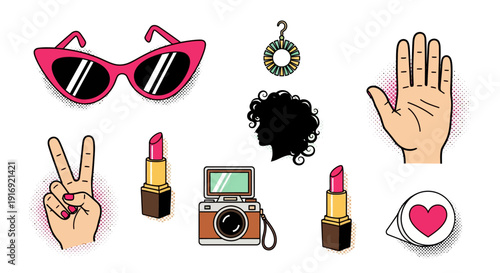 Retro pop art icons: sunglasses, lipstick, and camera in bright colors