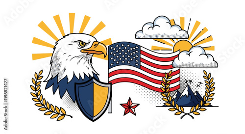 Bold american symbols with bald eagle, flag, and sunburst elements