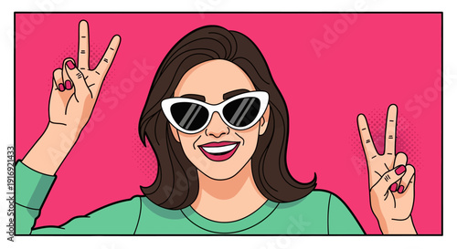 Woman with sunglasses and peace signs in pop art style on pink background