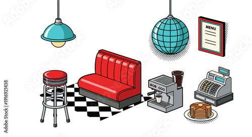Retro diner elements with modern isometric design