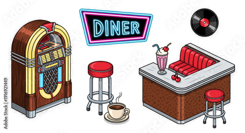Retro diner scene with jukebox and milkshake in isometric style
