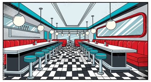 Retro pop art diner interior with checkered floor and red booths in bold comic style