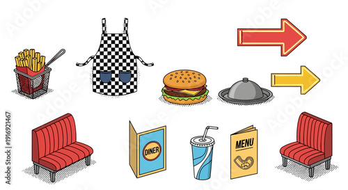 Retro diner icons: fast food, drinks, seating and menus in pop art style