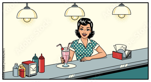 Retro diner scene with woman in polka dot dress enjoying milkshake