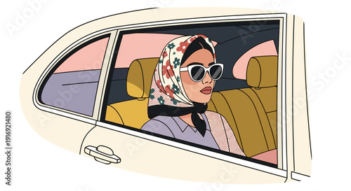 Elegant woman in retro scarf and sunglasses sitting in a car