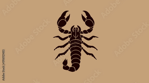 Stylized, symmetrical image featuring a black scorpion on a light brown background