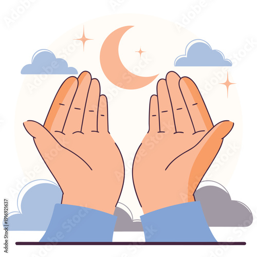 Praying hands under a serene moonlit sky with clouds and stars