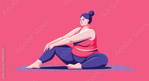 Plus size woman stretching on yoga mat in colorful flat vector illustration