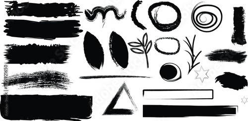 A collection of various black abstract shapes and lines on a white background