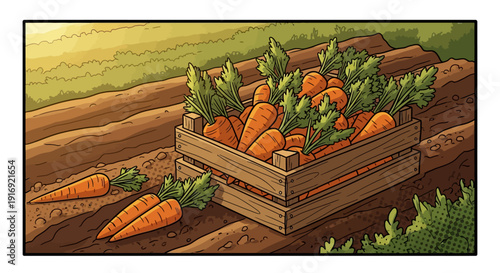 Rustic farm carrots in wooden crate on harvested field at sunset