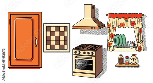 Retro kitchen elements with stove, cabinets, and decor in pop art style