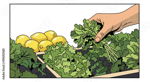 Pop art style fresh vegetables and lemons in market display