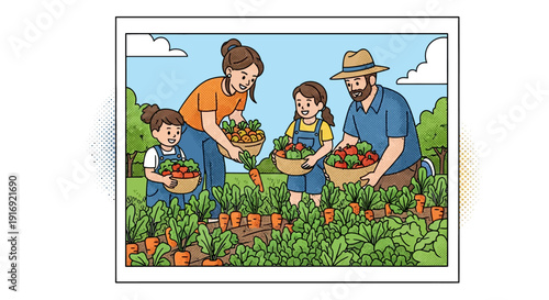 Family harvesting vegetables in garden cartoon