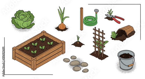 Garden essentials: tools and plants in detailed flat style for home gardening