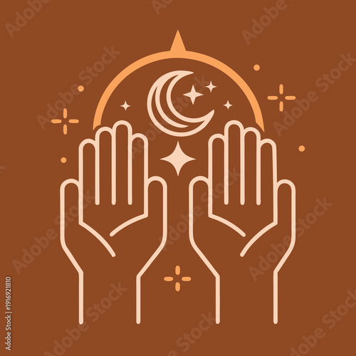 Stunning crescent moon and stars above hands in elegant design
