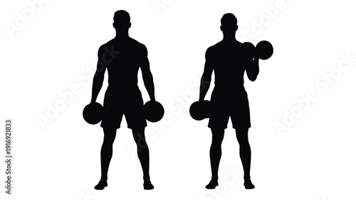 Silhouettes of two men exercising with dumbbells in a minimalist style