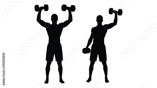 Silhouette of a man performing dumbbell shoulder presses in two different poses