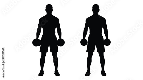 Silhouettes of two muscular men holding weights facing forward high quality