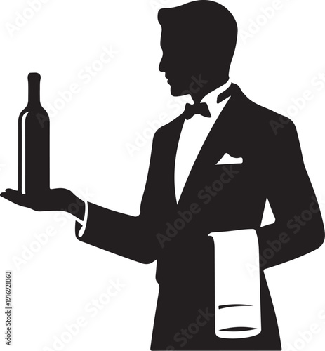 Black and white silhouette of a waiter holding a wine bottle and a notepad