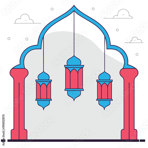 Vibrant Islamic lanterns hanging from colorful archway at dusk