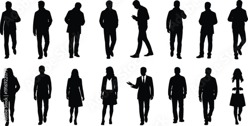 Black silhouettes of business people walking, standing, and talking, professional men and women in various poses isolated on white background (20 words)