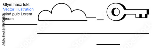 Security, access control, cloud storage, digital protection, technology solutions, data management. A key symbol next to a cloud with lines. Security and cloud storage concept