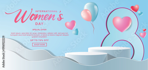 Realistic blue 3D cylindrical podium with 8 march shaped background for women's day banner. Women's day minimal scene for products showcase, Promotional display. Vector ilustration