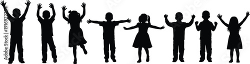 Black silhouettes of happy children jumping, playing, and raising hands in celebration, group of kids isolated on white background, school youth.