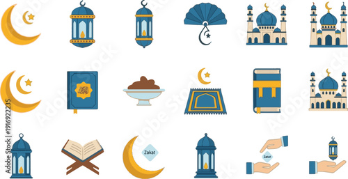 Celebrate the Blessed Month of Ramadhan Kareem with a Vibrant Collection of Islamic Spiritual and Cultural Icons, Reflecting Faith and Tradition