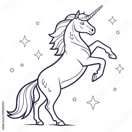 Rearing Unicorn Line Art with Stars Fantasy Coloring Page Vector. Magical Unicorn Standing Hind Legs Black White. 