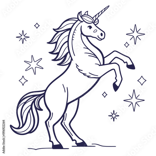 Rearing Unicorn Line Art with Stars Fantasy Coloring Page Vector. Magical Unicorn Standing Hind Legs Black White. 