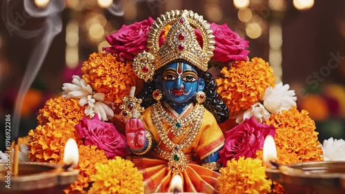 Baby Krishna idol with traditional lamps and flowers during Puja ceremony