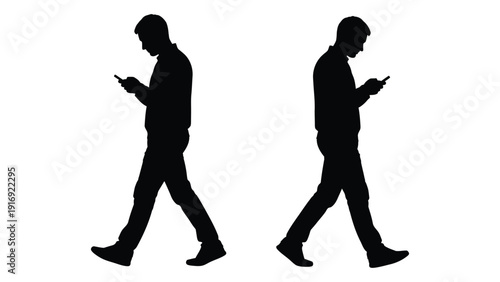 Two silhouetted figures walking and using smartphones in a mirrored composition