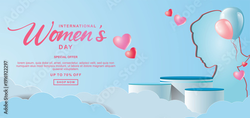 Realistic blue 3D cylindrical podium with 8 march shaped background for women's day banner. Women's day minimal scene for products showcase, Promotional display. Vector ilustration