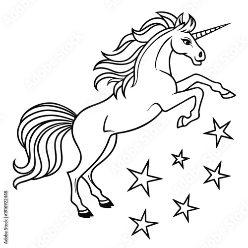 Rearing Unicorn Line Art with Stars Fantasy Coloring Page Vector. Magical Unicorn Standing Hind Legs Black White. 