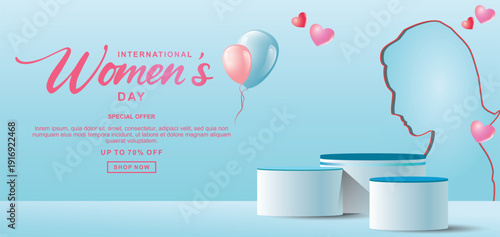 Realistic blue 3D cylindrical podium with 8 march shaped background for women's day banner. Women's day minimal scene for products showcase, Promotional display. Vector ilustration