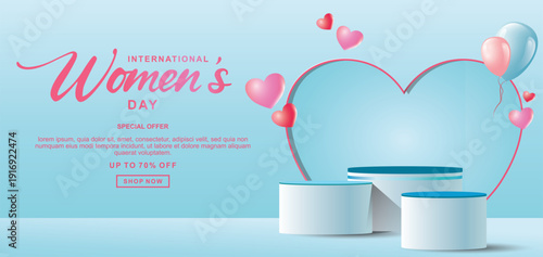 Realistic blue 3D cylindrical podium with 8 march shaped background for women's day banner. Women's day minimal scene for products showcase, Promotional display. Vector ilustration